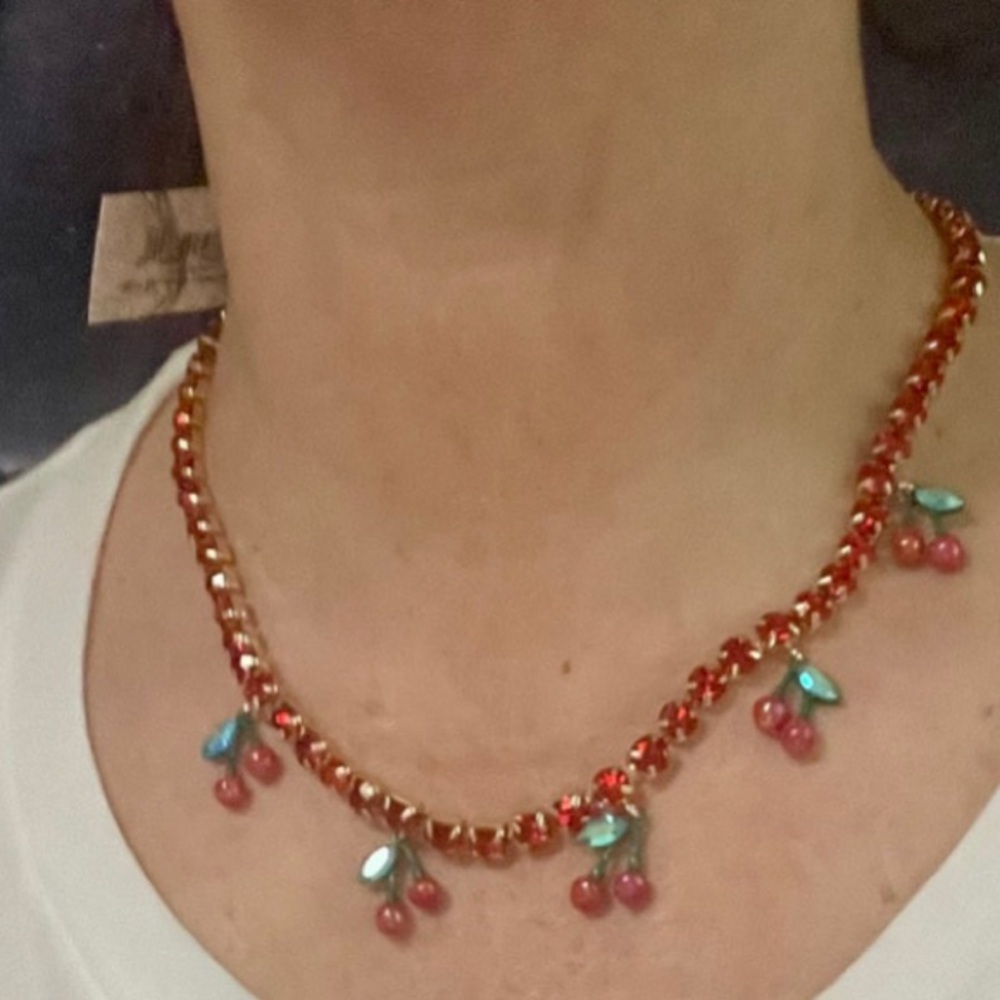 BETSEY JOHNSON Cherries & Iridescent Aurora Borealis Crystals Necklace NEW NWT